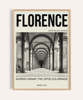 Florence Architecture Print poster showing Uffizi colonnade arches and bold Florence title