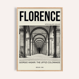 Florence Architecture Print poster showing Uffizi colonnade arches and bold Florence title
