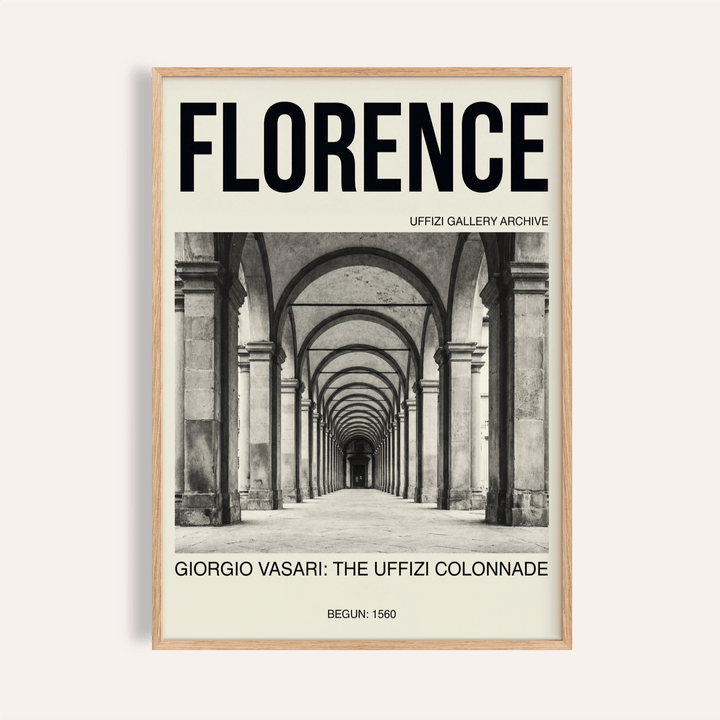 Florence Architecture Print poster showing Uffizi colonnade arches and bold Florence title