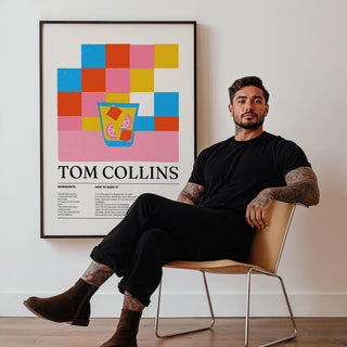 Cocktail art print with vibrant retro background and Tom Collins recipe.