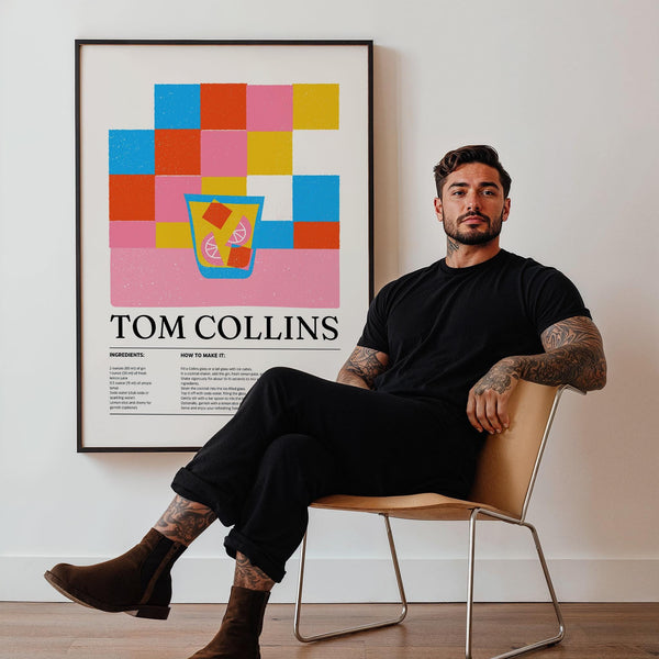 Cocktail art print with vibrant retro background and Tom Collins recipe.