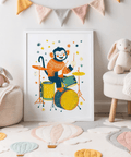 Monkey Drummer Art Print with Multicolored shades perfect for hallway wall art