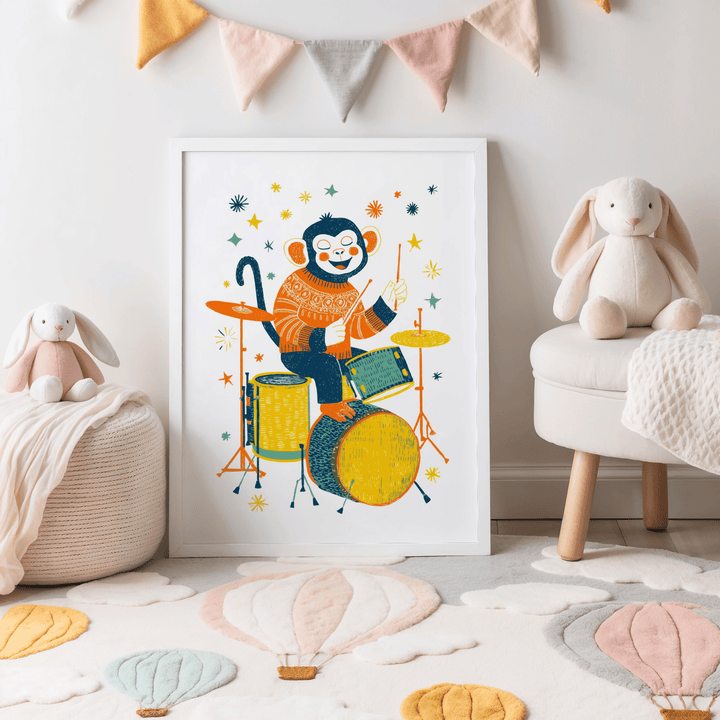Monkey Drummer art print with a monkey playing drums in orange, yellow and blue in a child's room with soft toys