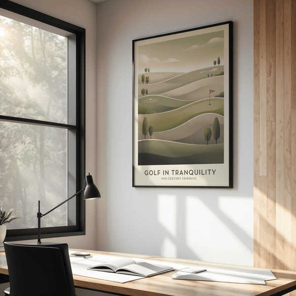 Minimalist Mid-century Golf Art wall art with curved fairway bands and sand bunkers
