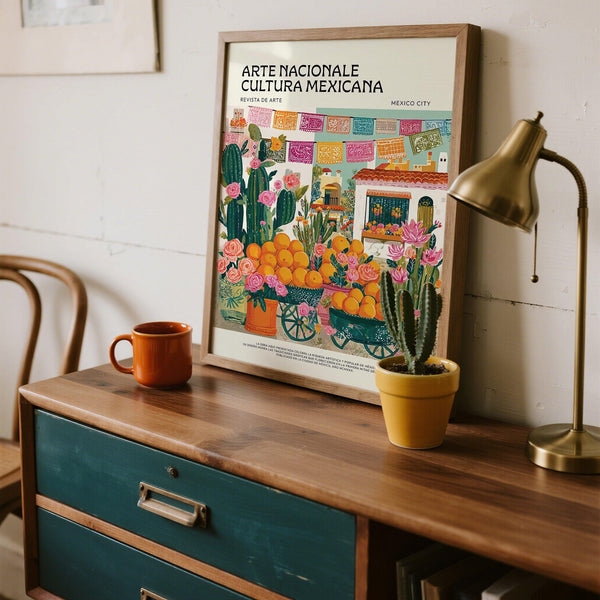 Orange-filled carts and papel picado in vibrant Mexican kitchen wall art.