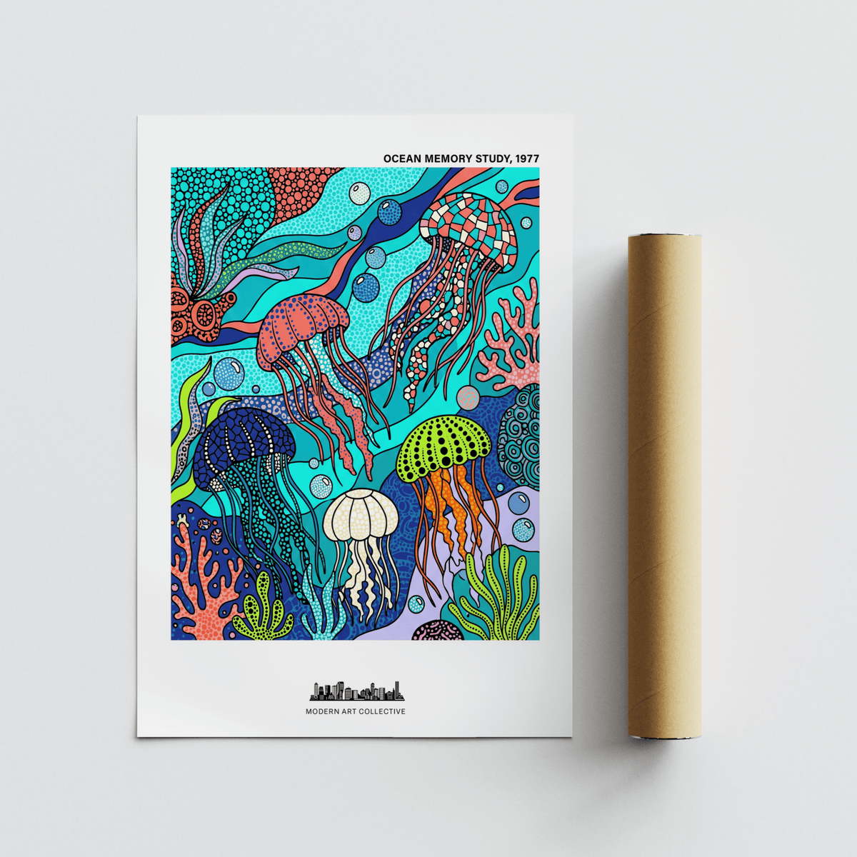 Jellyfish Ocean Art Print featuring five jellyfish and coral-inspired elements