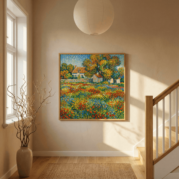 Colorful Floral Landscape Art in green and yellow, perfect for kitchen poster