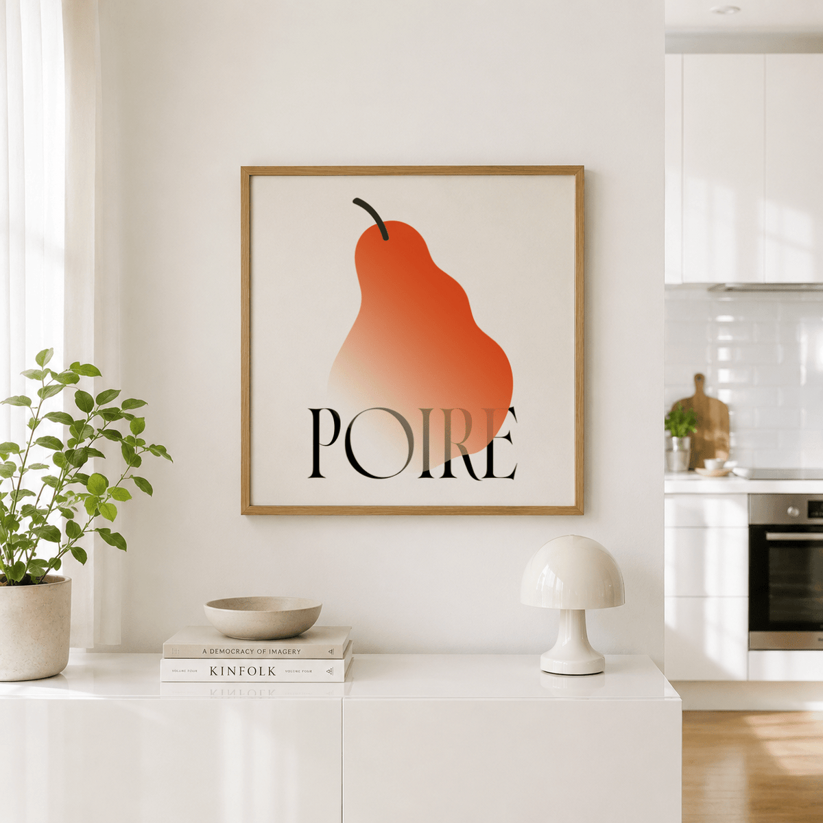Modern Pear Poster minimalist print with gradient pear silhouette, black stem, and large serif text