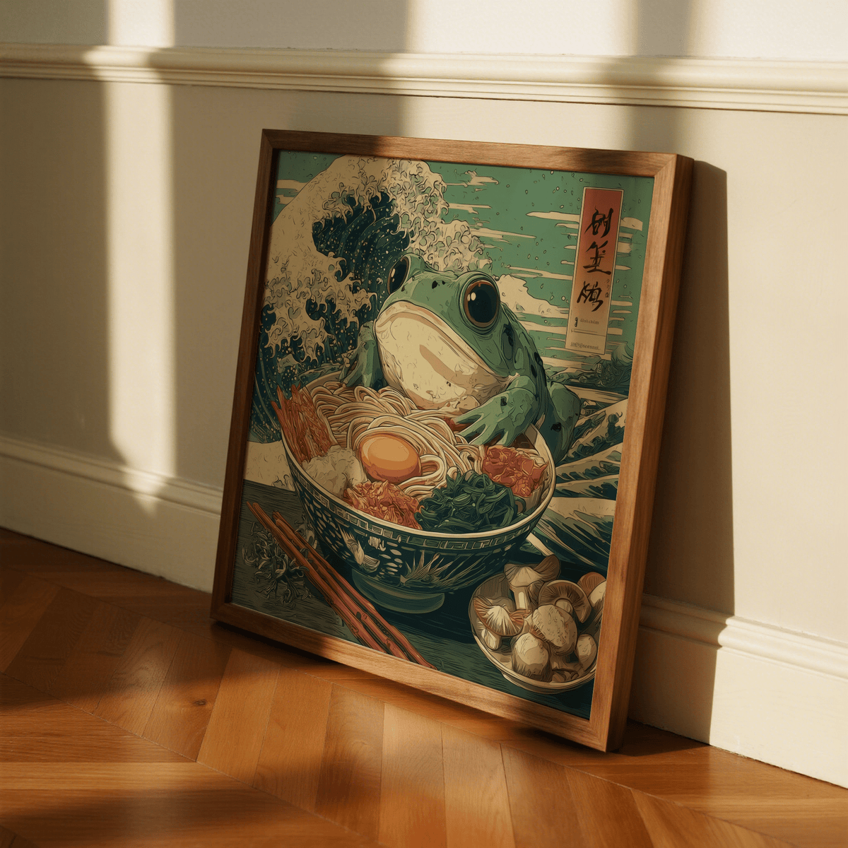 Playful Frog Ramen Art in blue and green for dining area print