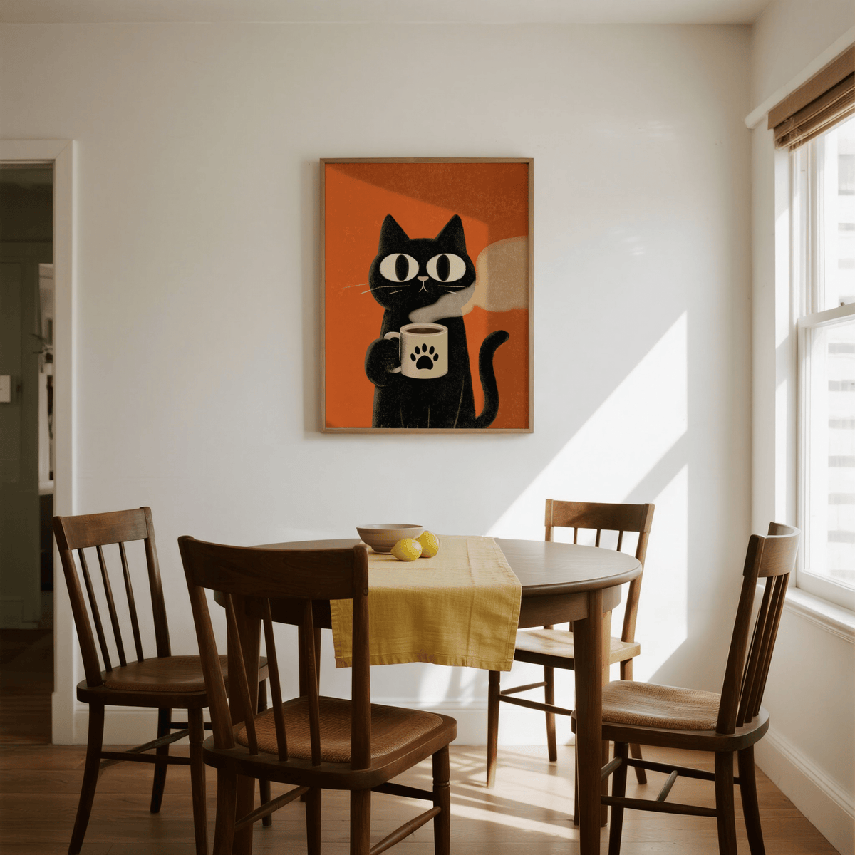 Cat Coffee Mug Print in Orange and Black for bedroom wall art