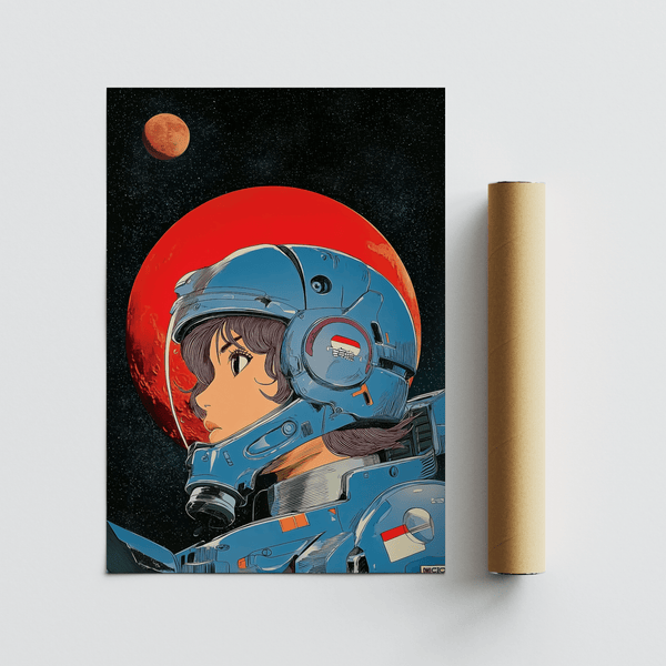 Space Girl Art Print vibrant red blue for hallway decorative wall art