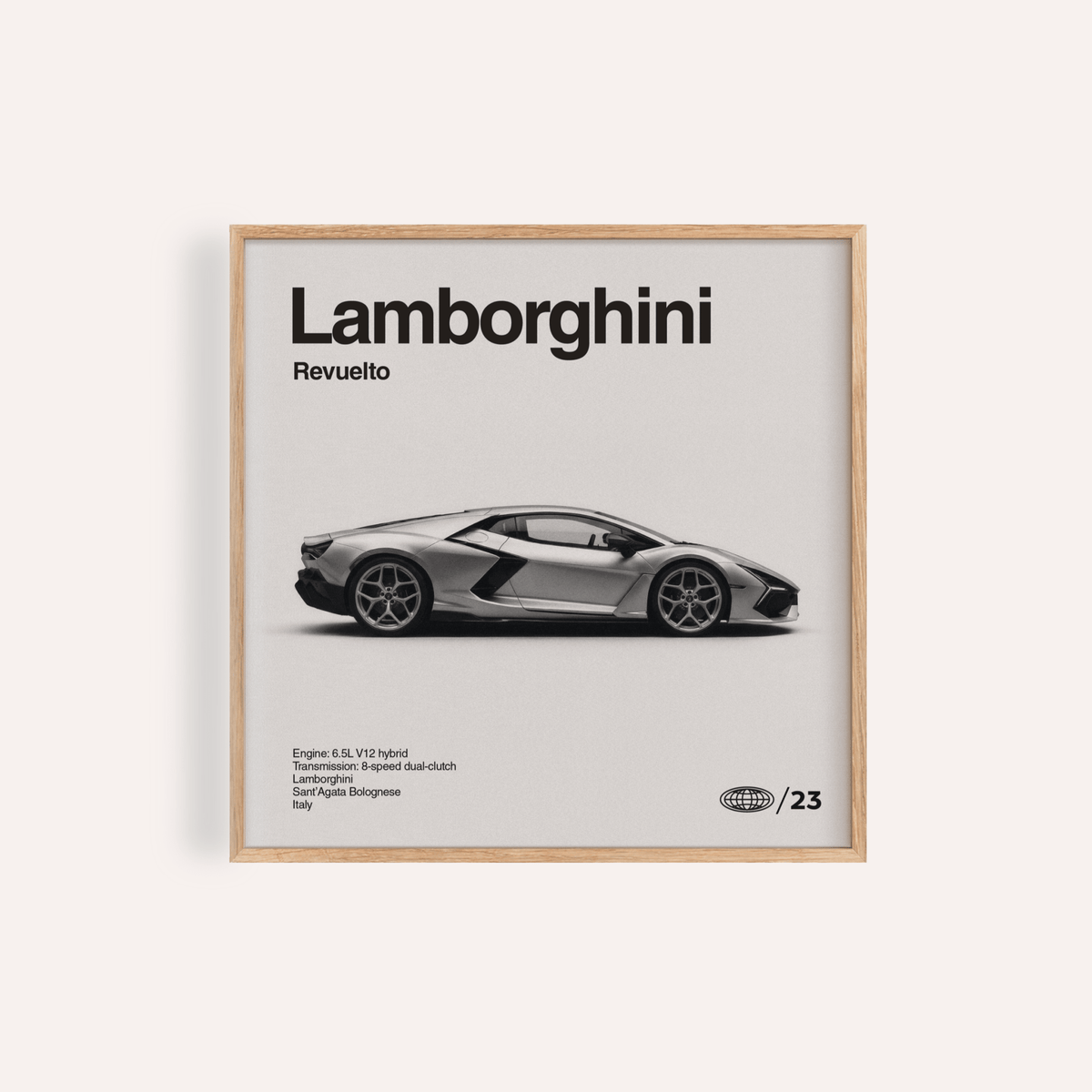 Lamborghini Art Print with Gray, White, and Black tones for living room wall art