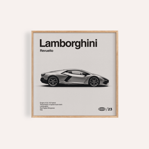 Lamborghini Art Print with Gray, White, and Black tones for living room wall art
