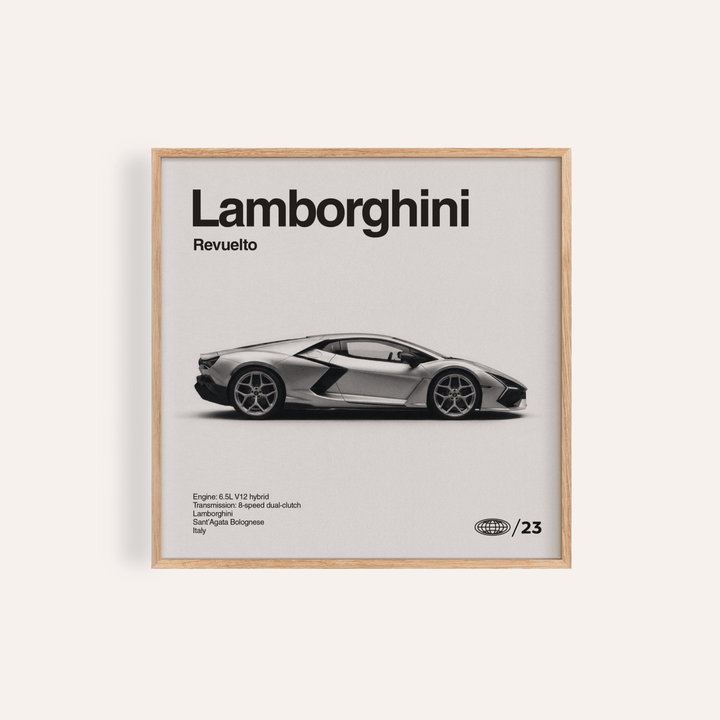 Lamborghini Art Print with Gray, White, and Black tones for living room wall art