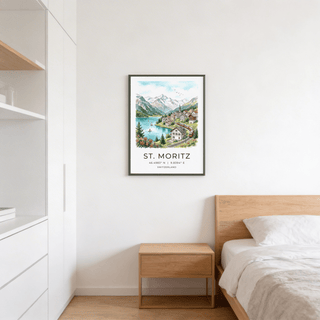 Mountain lake travel poster print showing flowers in foreground and birds in the sky