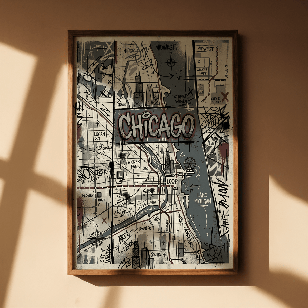Chicago Street Art graphic displaying compass arrows and X marks across the grid