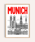 Munich City Poster front display with red header and black skyline lines