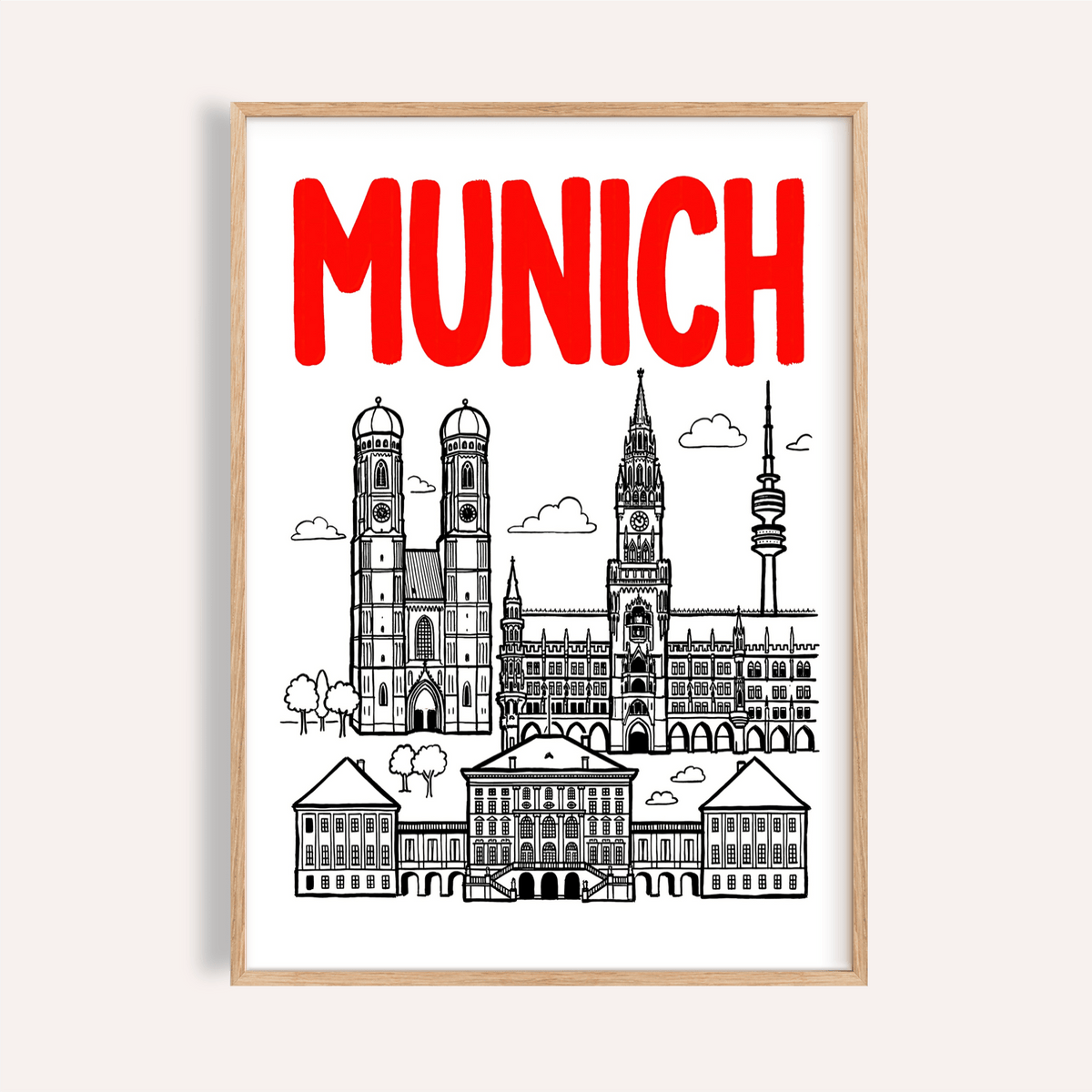 Munich City Poster front display with red header and black skyline lines