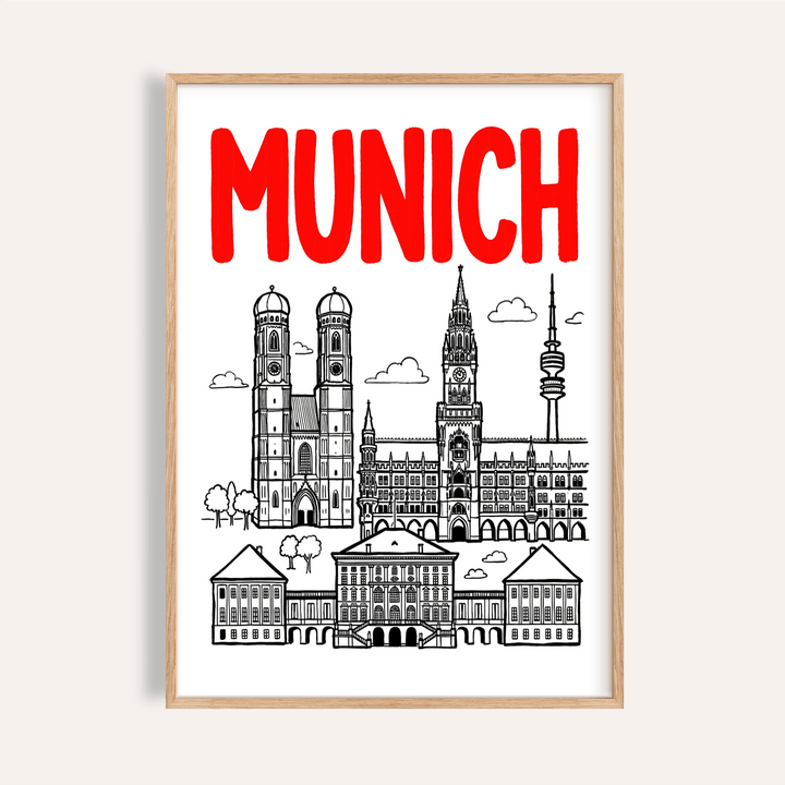Munich City Poster front display with red header and black skyline lines