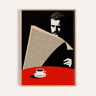 Foreground view of Man reading a newspaper wall art print with oversized paper and mustached portrait
