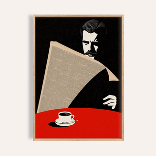 Framed Art Deco Newspaper Reader Print of a man reading with black and red in minimalist style