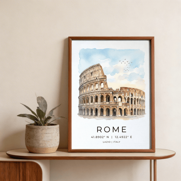 Angled Colosseum illustration wall art with stacked arches and sky wash