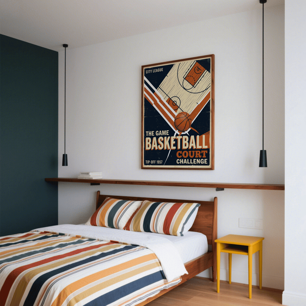 Bold vintage basketball print showing court lines and large BASKETBALL text