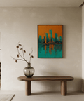 Modern Skyline Poster with vibrant orange background and teal cityscape for hallway poster