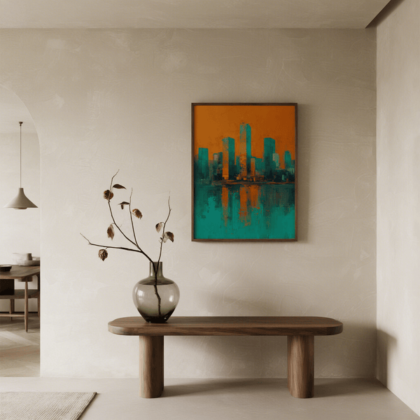 Modern Skyline Poster with vibrant orange background and teal cityscape for hallway poster