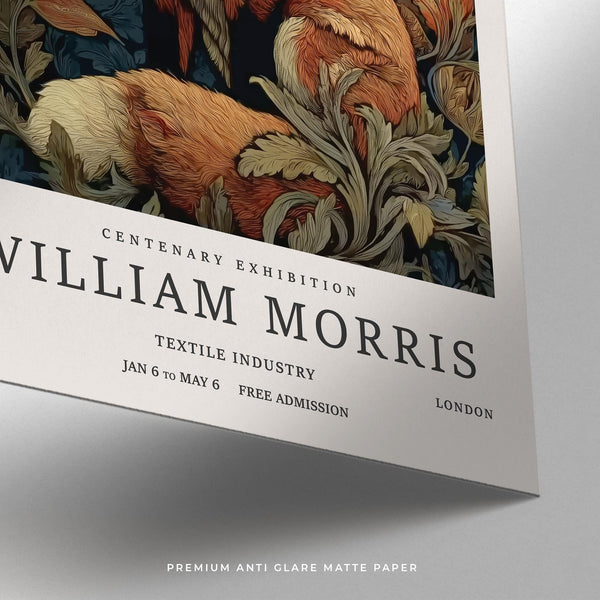 Art print of fox with alert eyes and layered leaves – William Morris Fox Print.