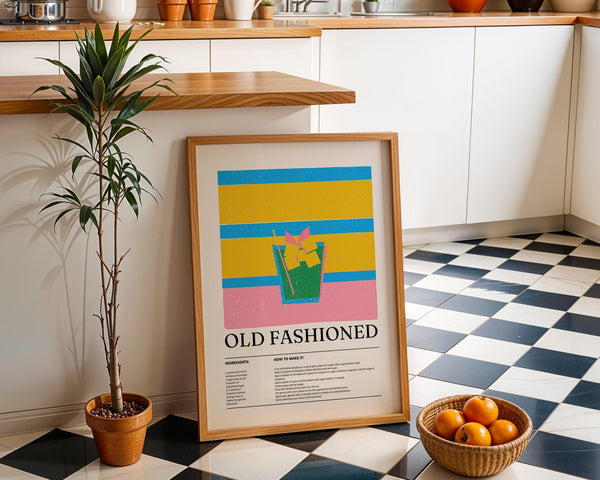 Old Fashioned drink art with sugar cube, bitters, and vibrant garnish.