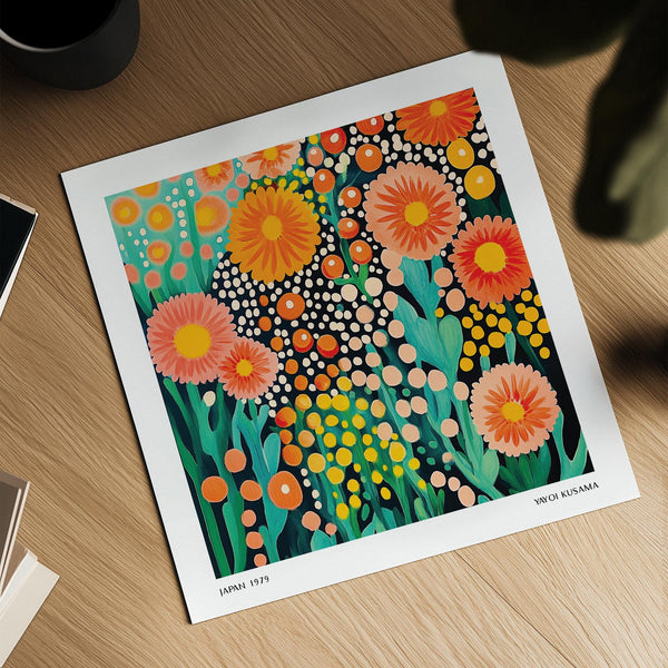 Vibrant Japanese floral print in square layout with layered garden motifs.