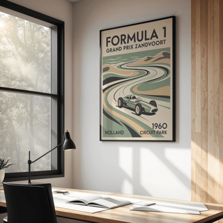 Grand Prix Zandvoort Print with bold 1960 event text and graphic Dutch dunes backdrop