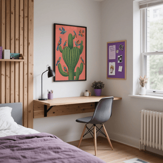 Colorful Bird Cactus Art in vibrant pink and green for office space poster