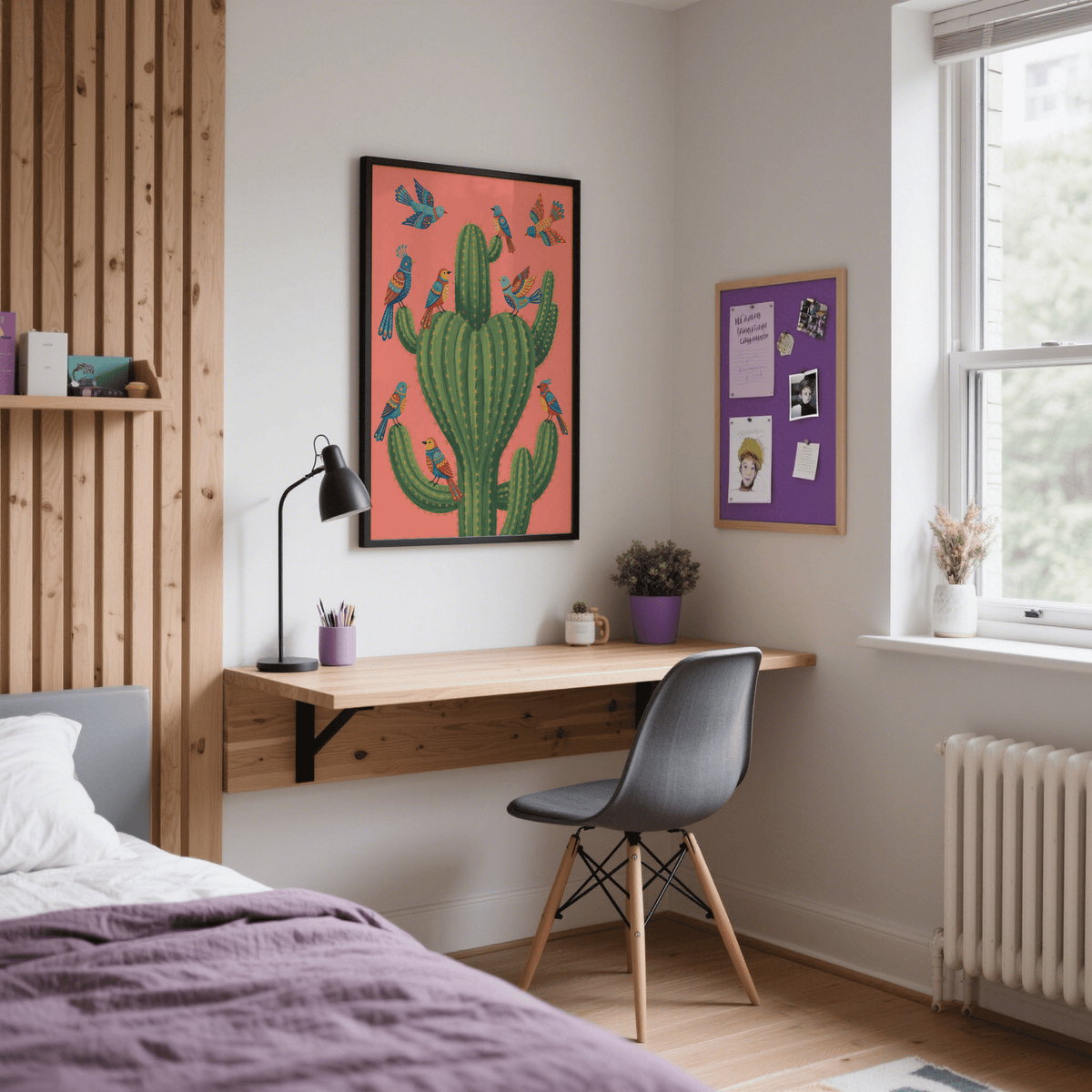Colorful Bird Cactus Art in vibrant pink and green for office space poster