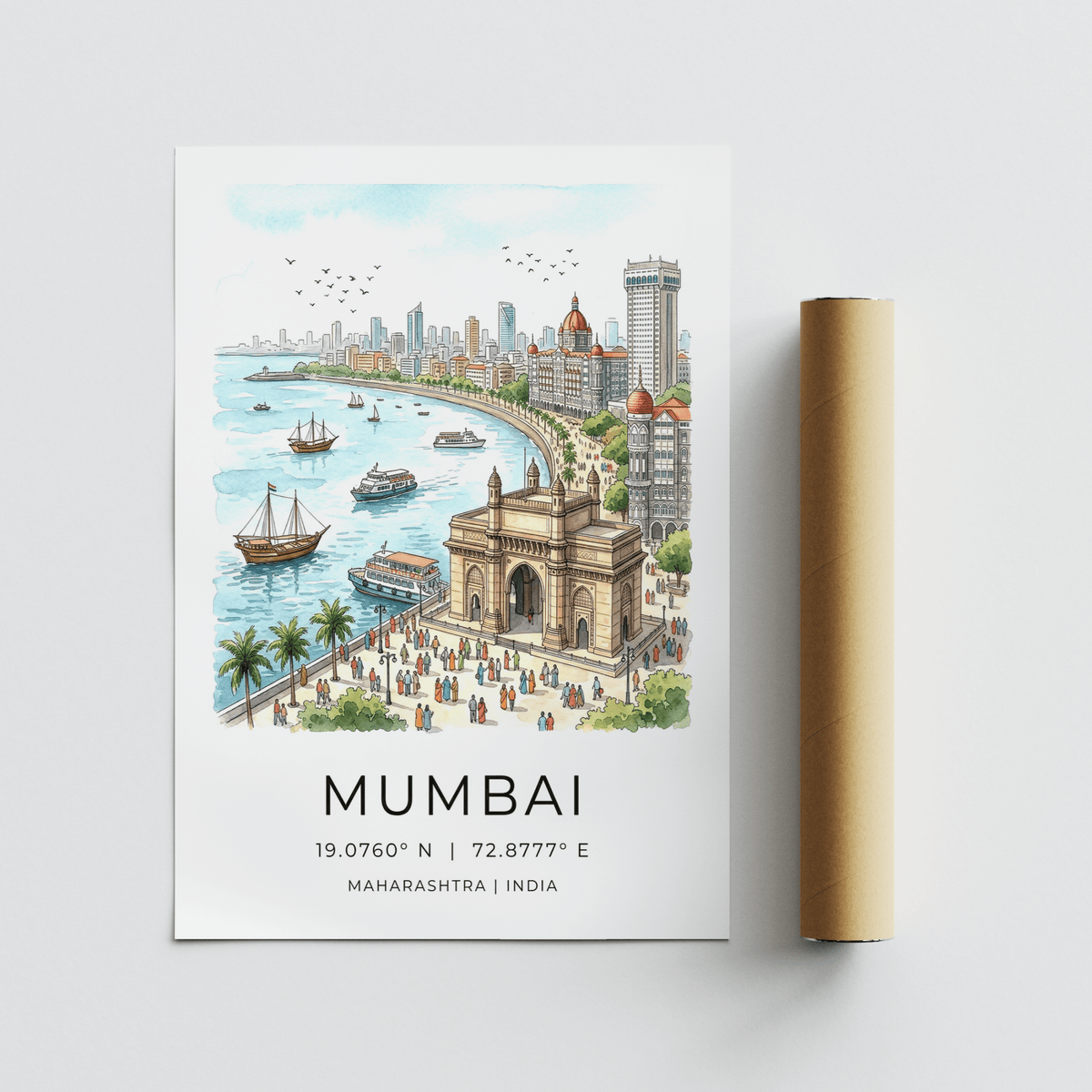 Mumbai harbor wall art print with sailboats, ferries, and shoreline