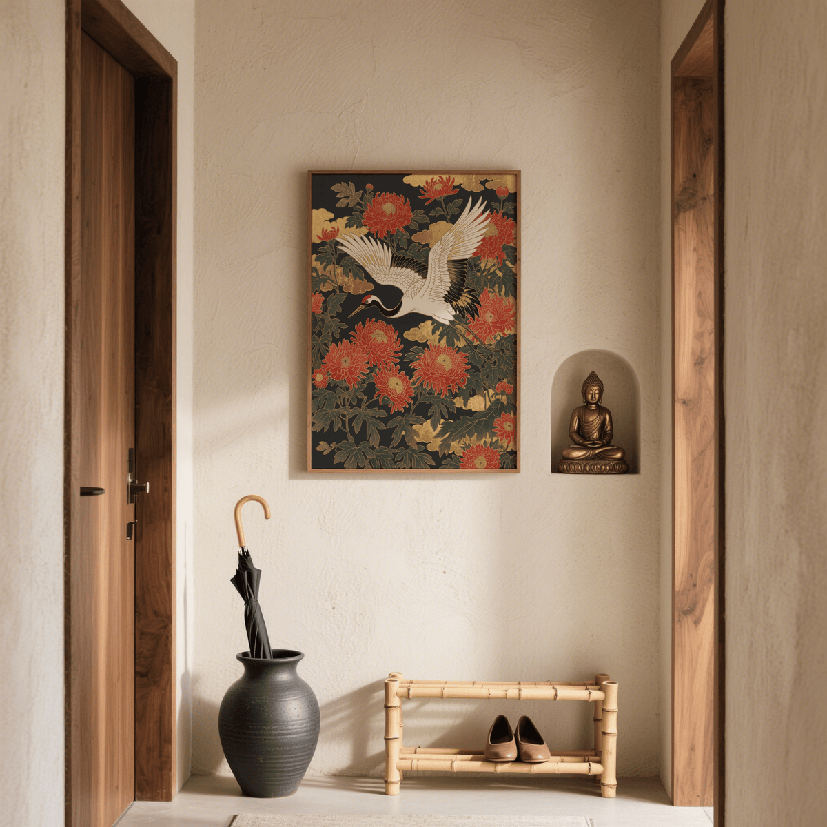 Minimalist Crane Floral Art Print in Beige, Green with Red accents, for study