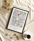 Custom Anniversary Gift city map poster in black and white, suitable for hallway display