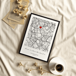 Custom Anniversary Gift city map poster in black and white, suitable for hallway display