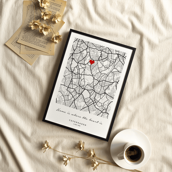 Custom Anniversary Gift city map poster in black and white, suitable for hallway display