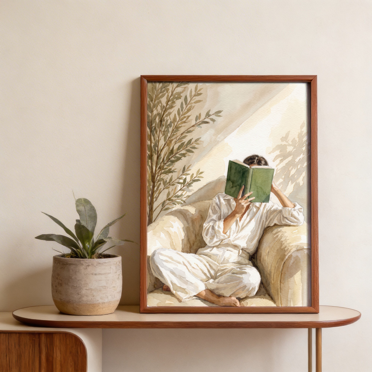Minimal figure wall art print with centered book motif and botanical branches