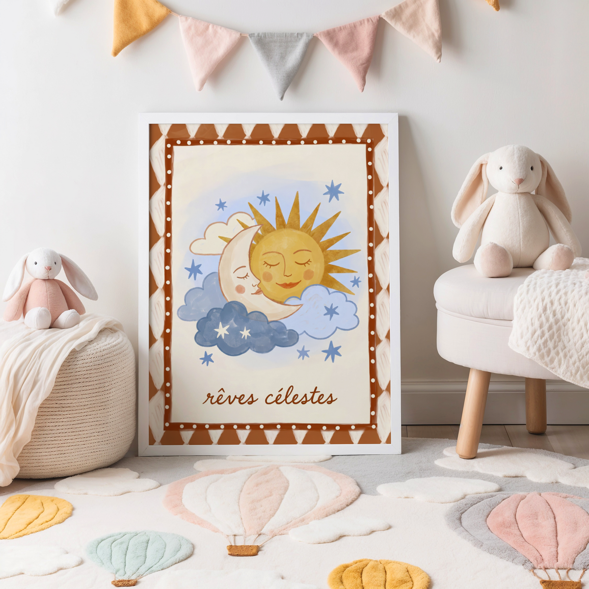 Celestial nursery illustration of sun and moon in Blue, Red, Yellow palette