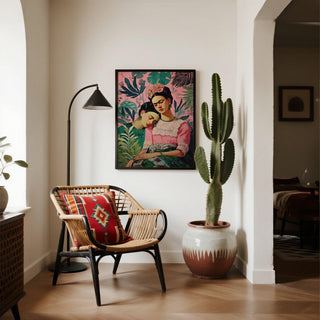 Frida Kahlo portrait wall print with leafy green elements and vivid pink hues.