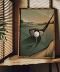 Minimalist golf poster print showing rolling course hills, clubhouse silhouette, and a driver with ball