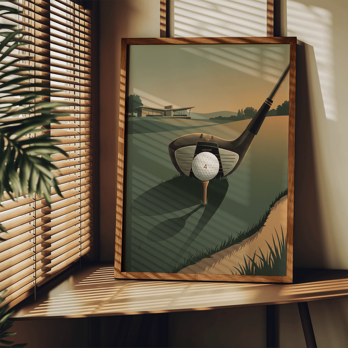 Minimalist golf poster print showing rolling course hills, clubhouse silhouette, and a driver with ball