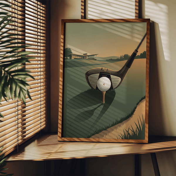 Minimalist golf poster print showing rolling course hills, clubhouse silhouette, and a driver with ball