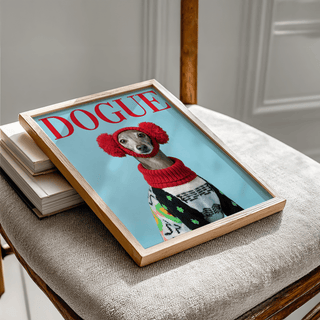 Italian Greyhound Wall Art with red knitwear, hallway art print