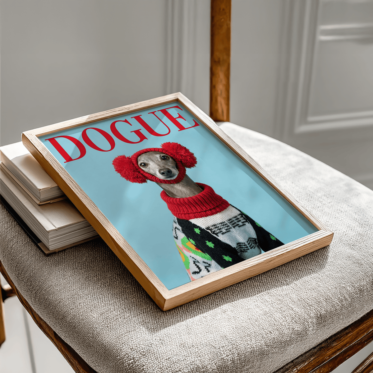 Italian Greyhound Wall Art with red knitwear, hallway art print