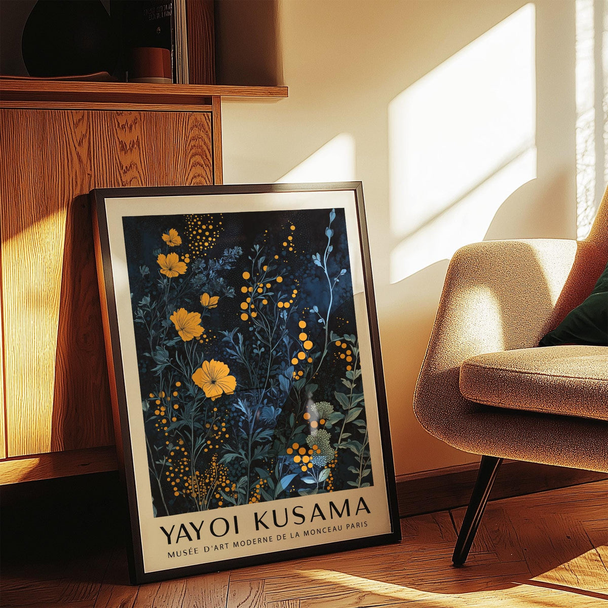 Abstract orange and blue wall art with dot details and stylized leaves