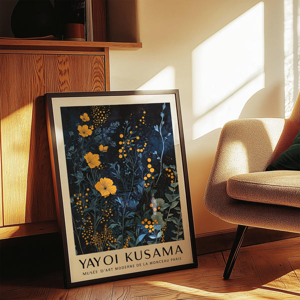 Abstract orange and blue wall art with dot details and stylized leaves